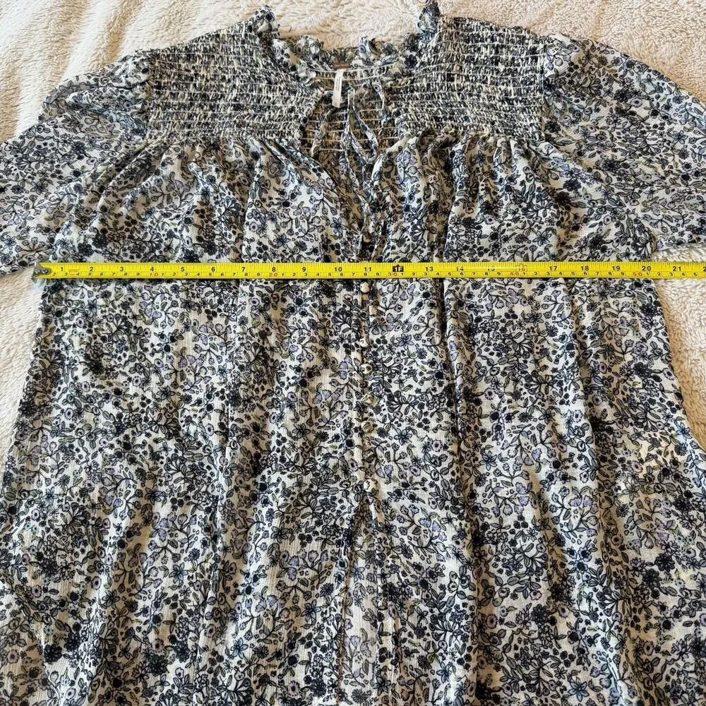 Free People Long Sleeve Floral Smocked Blouse Blue Size M Boho Summer Top